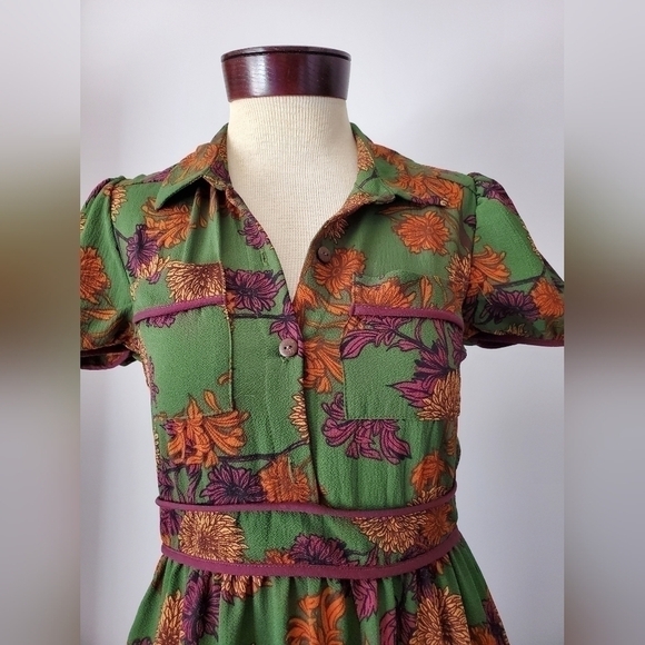 Monteau autumn  green flowered dress size xs - Picture 2 of 11
